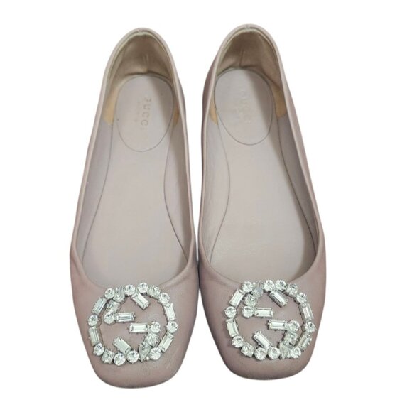 Gucci Women's Ballet Flats Pink Satin Square Toe GG Crystal Logo Designer Shoes - Picture 2 of 15